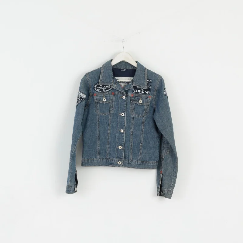 Gaastra Women 38 M Jeans Jacket Blue Cropped Cotton Dirty Emroidered Top Hooded Jacket Caped Jacket Shawl Collar Jacket