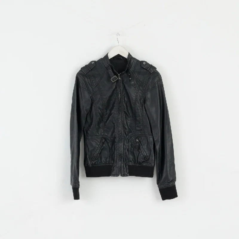 Colours Of The World Women M Jacket Black Biker Stand Up Collar Soft Top Welt Pockets Slit Pockets Flap Pockets