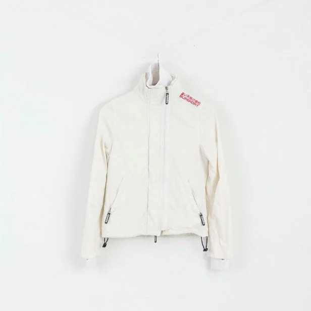 Superdry Womens S Jacket Cream Nylon 3 Zippers Lightweight Top Welt Pockets Slit Pockets Flap Pockets