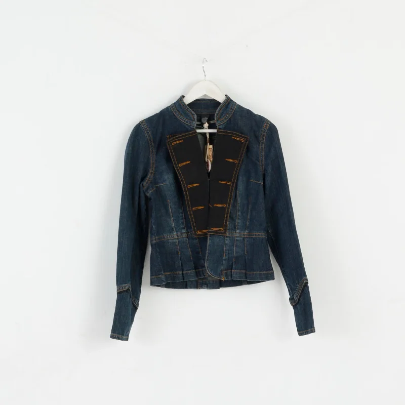 New David Bitton Women L (M) Jacket Navy Denim Cotton Stretch Casual Blazer Knit Jacket Woven Jacket Fleece Jacket