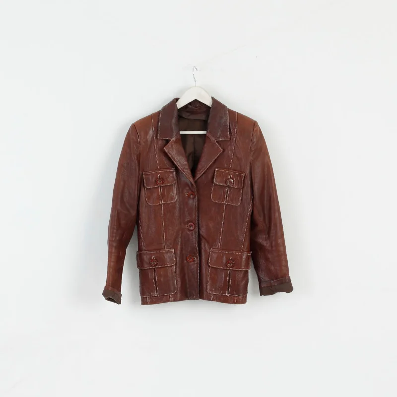 MONICA Women S/M Jacket Brown Leather Buttoned Multi Pockets Blazer Shoulder Pads Top Print Jacket Jacquard Jacket Patchwork Jacket
