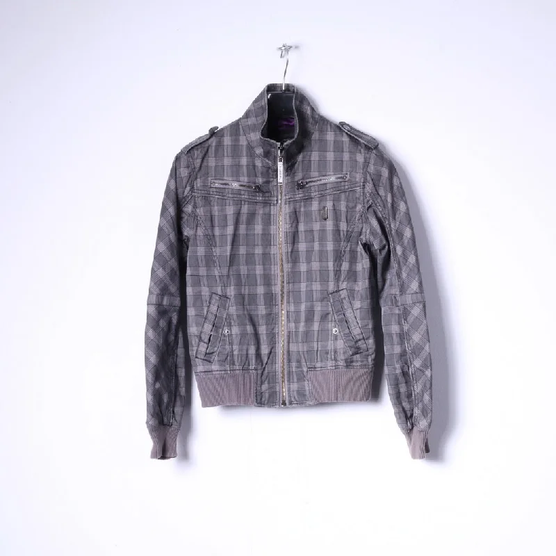 Diesel Womens M (S) Jacket Grey Check Cotton Multi Pockets Full Zippered Top Jacket Blazer Coat