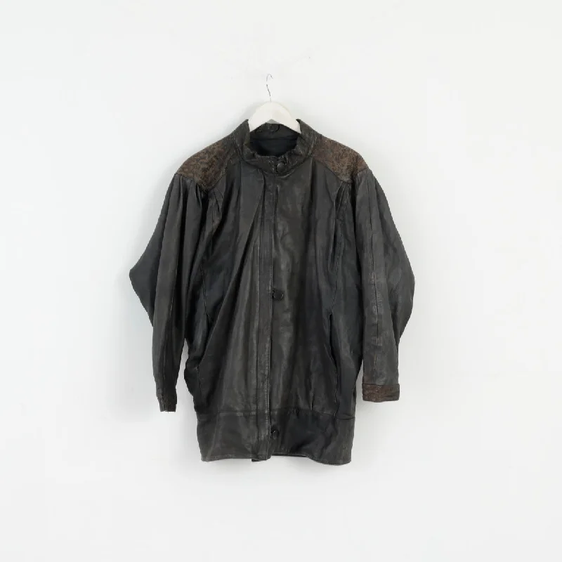 Vintage Women L Jacket Brown Leather Bomber Bat Full Zipper Retro Top Herringbone Jacket Houndstooth Jacket Plaid Jacket