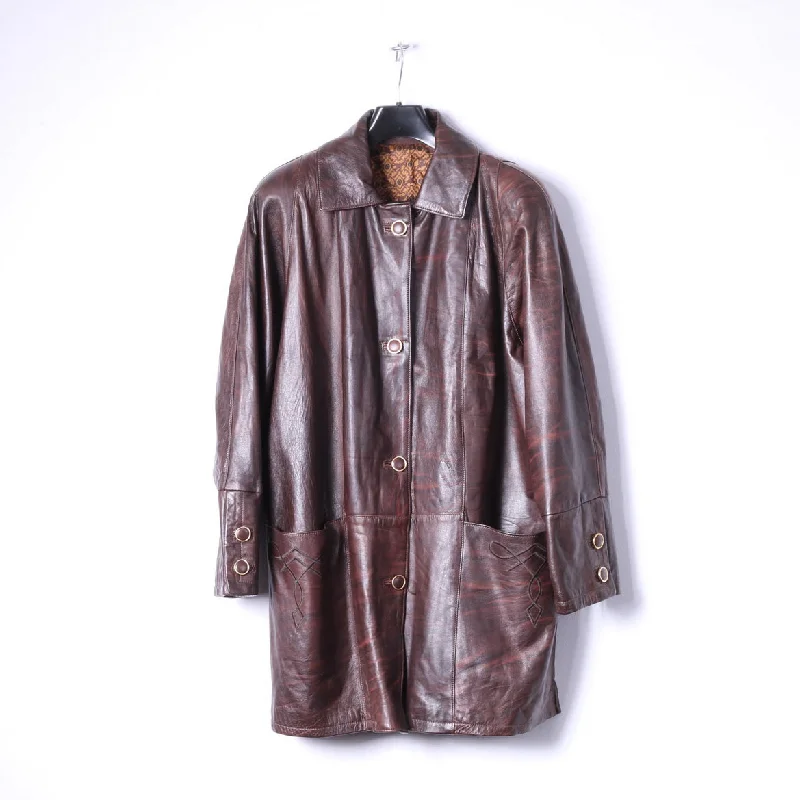 Leather Stil Confezioni Womens L Jacket Brown Leather Vintage Shoulder Pads Italy A-Line Jacket Boat Neck Shawl Collar