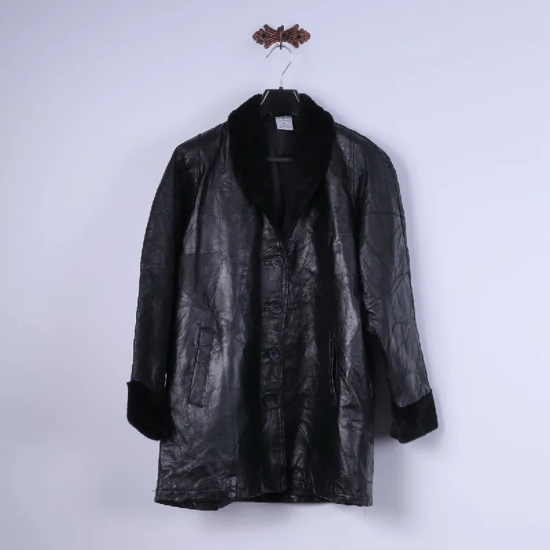 Anne De Lancay Women XL Jacket Black Leather Vintage Cuir Veritable Doublure Single Breasted Coat Jersey Jacket Tulle Jacket Batik Jacket