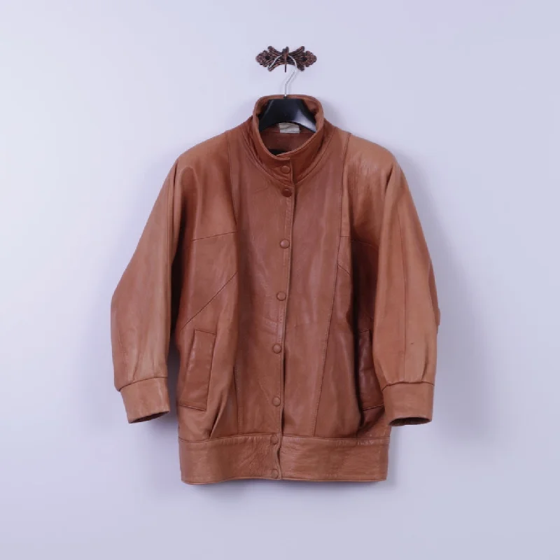Albir Piel Womens M Bomber Jacket Brown Leather Vintage Made In Spain Snap Top Front Pockets Side Pockets Patch Pockets