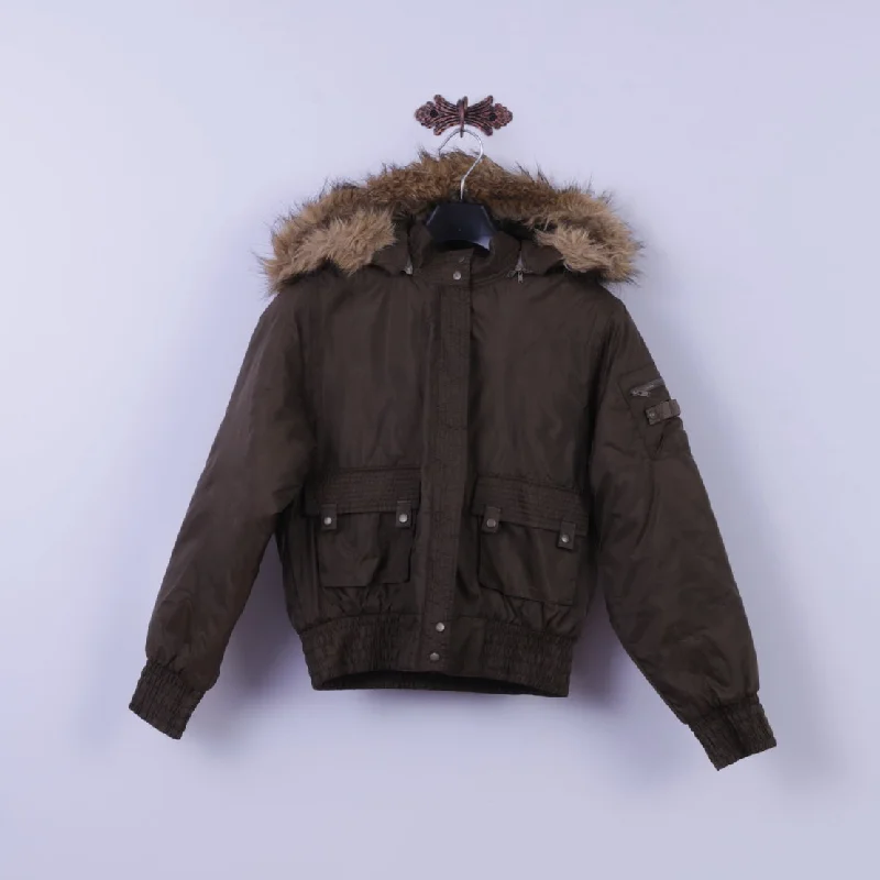 Rainbow West Womens M Jacket Shiny Brown Nylon Hooded Retro Padded Bomber Hooded Jacket Caped Jacket Shawl Collar Jacket