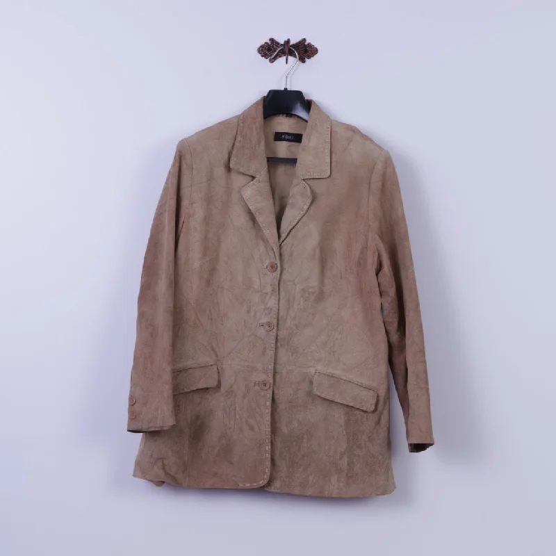 SAKI Womens 42 Jacket Beige Leather Suede Buttoned Blazer Classic Country Top One-Shoulder Jacket Off-the-Shoulder Jacket Asymmetrical Jacket