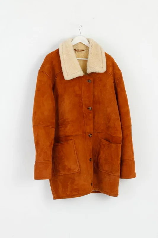 Vintage Womens 42 XXL Jacket Brown Leather Sheep Fur Heavy Warm Top Denim Fabric Leather Fabric Suede Fabric