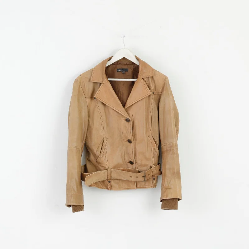 ARMA Women 18 44 Jacket Brown Latte 100% Leather Biker Belted Buttoned Snapped Jacket Toggled Jacket Drawstring Jacket