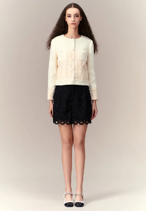 Crease-detail Patchwork Long Sleeves Jacket Boat Neck Shawl Collar Notched Collar