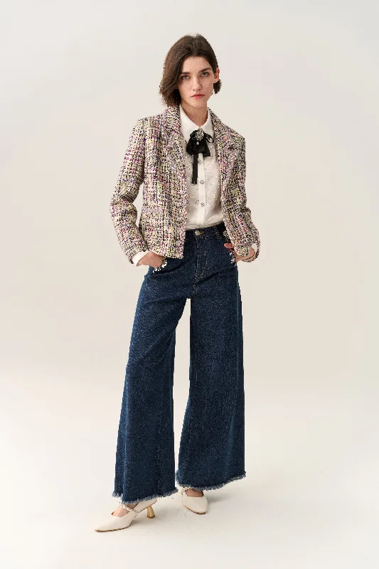 Cropped Braided Hem Tweed Jacket Print Jacket Jacquard Jacket Patchwork Jacket