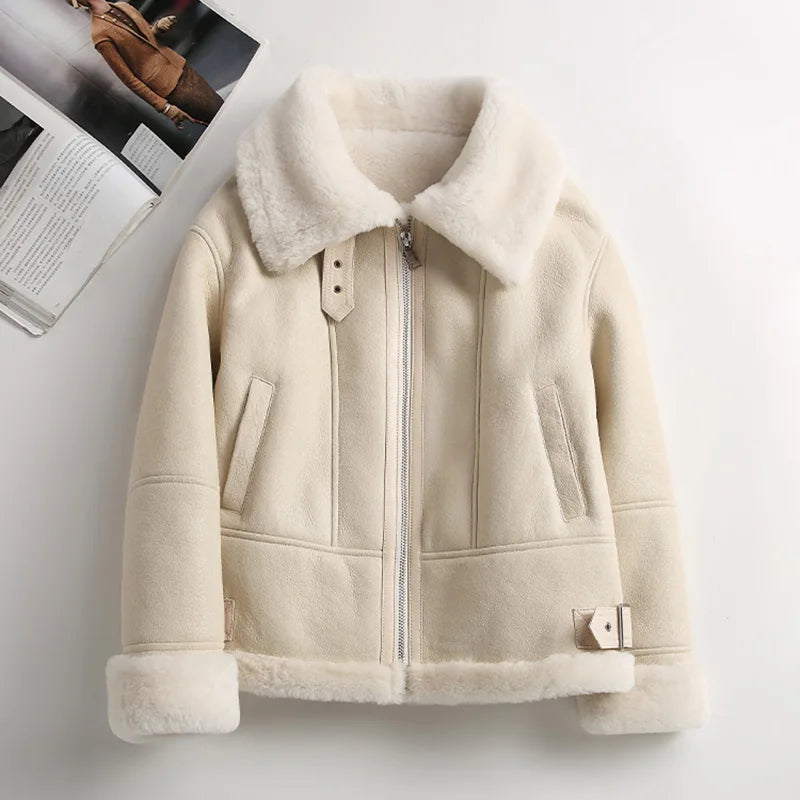 Fashion Shearling Genuine Leather Bomber Jacket for Women (3 colors) Front Pockets Side Pockets Patch Pockets Fashion Shearling Genuine Leather Bomber Jacket for Women (3 colors) Front Pockets Side Pockets Patch Pockets