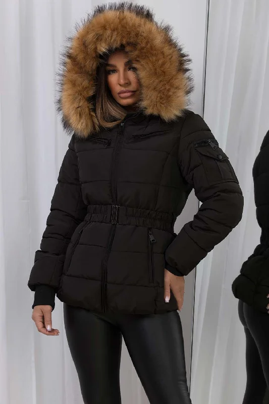 Faux Fur Hood Puffer Jacket With Belt Knit Jacket Woven Jacket Fleece Jacket