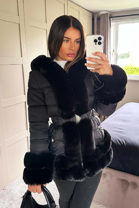Faux Fur Trim Puffer Hooded Down Jacket With Belt Welt Pockets Slit Pockets Flap Pockets Faux Fur Trim Puffer Hooded Down Jacket With Belt Welt Pockets Slit Pockets Flap Pockets