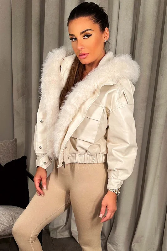 Faux Leather Bomber Jacket With Faux Fur Hood Beige Cotton Jacket Linen Jacket Terry Jacket Faux Leather Bomber Jacket With Faux Fur Hood Beige Cotton Jacket Linen Jacket Terry Jacket