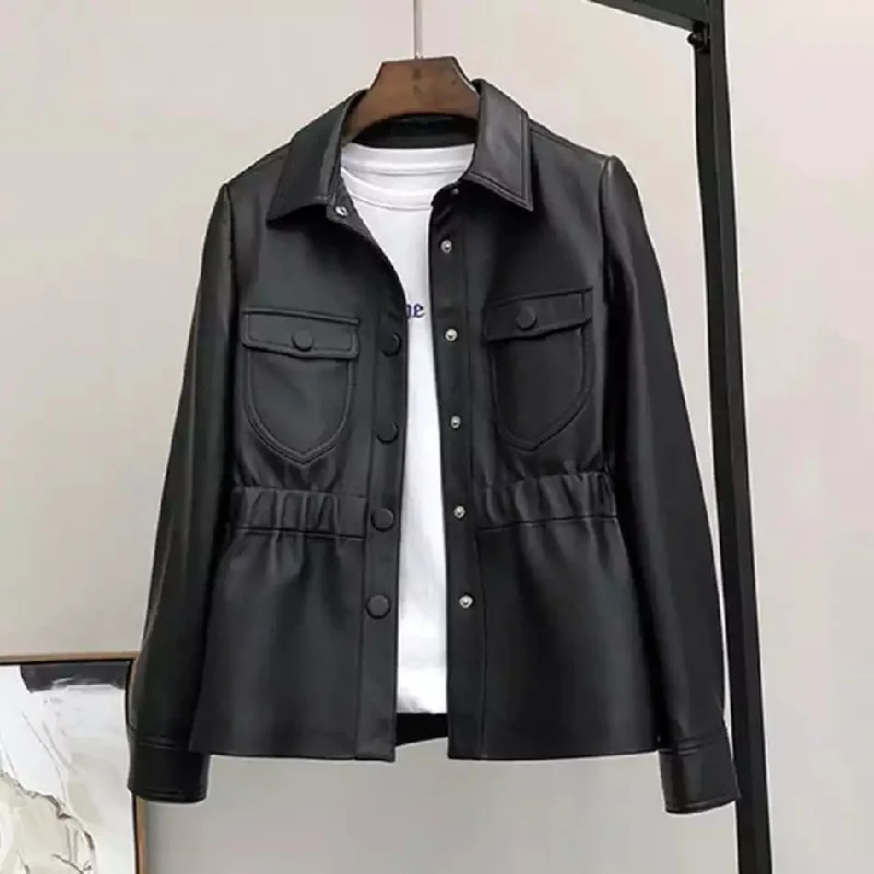 Faux Leather Shirt Jacket Snapped Jacket Toggled Jacket Drawstring Jacket