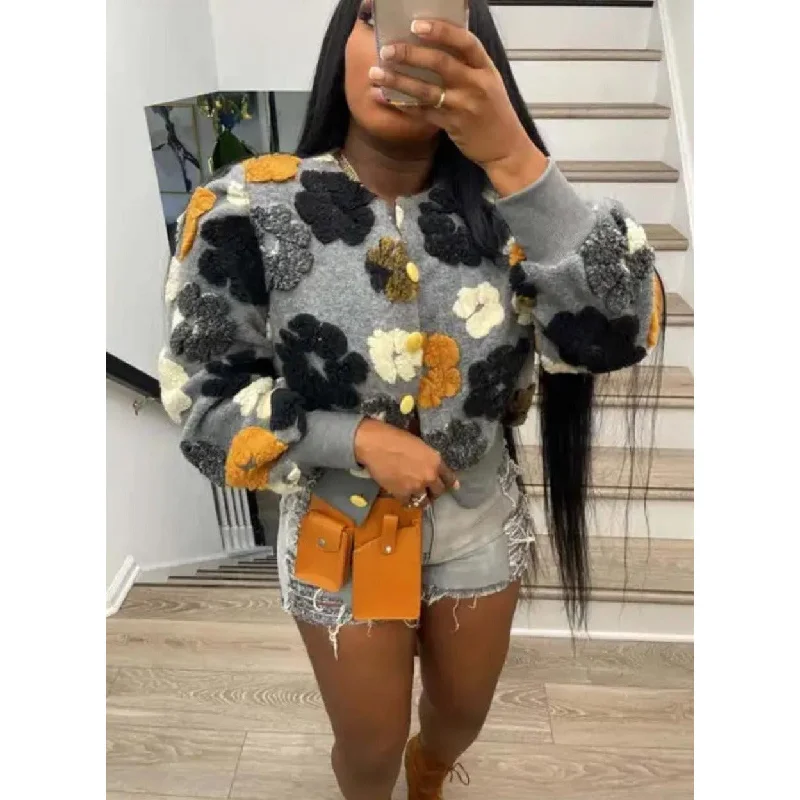 Flower Embraided Crop Jacket Print Jacket Jacquard Jacket Embroidered Jacket