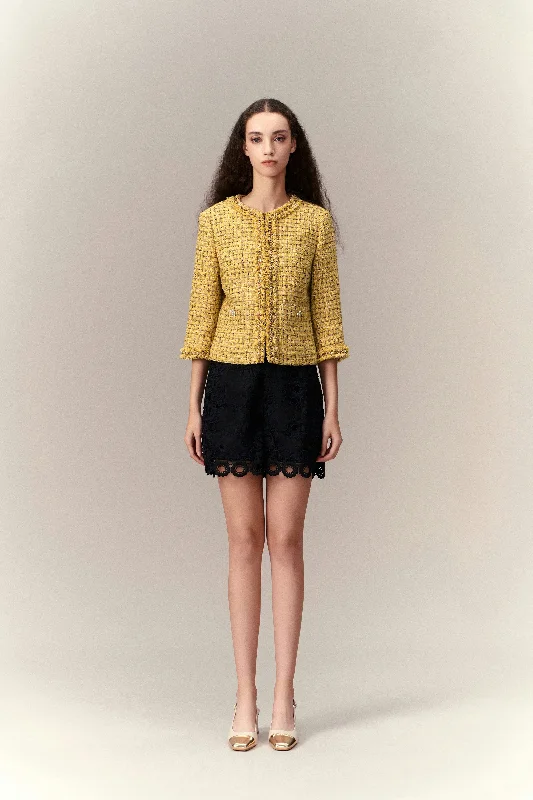 Fray Checked Tweed Jacket Collared Jacket Crew Neck Jacket Turtle Neck Jacket