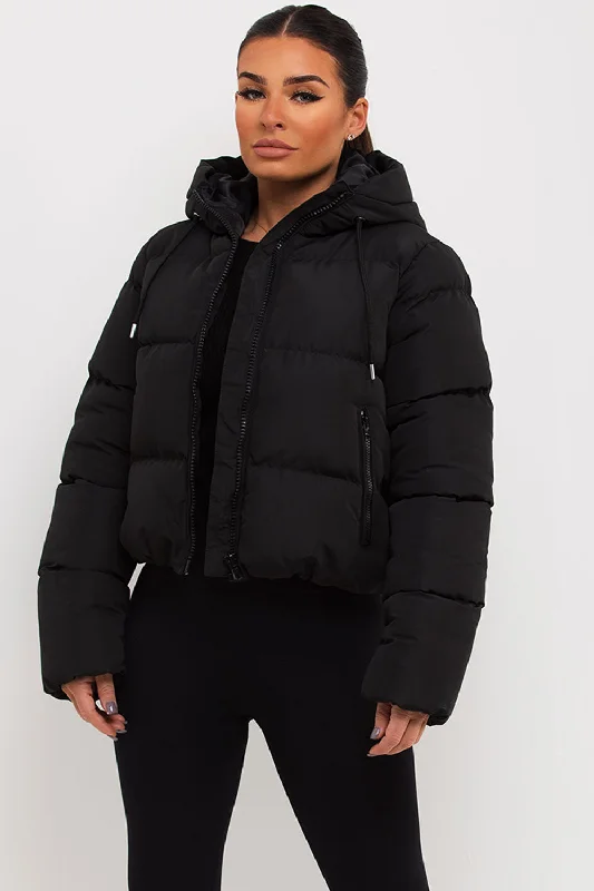 Hooded Puffer Jacket Black Zippered Jacket Buttoned Jacket Snapped Jacket