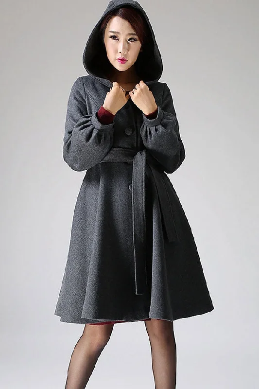 Hooded Swing wool jacket coat with Lantern Sleeves 1073# Fleece Fabric Down Fabric Feather Fabric