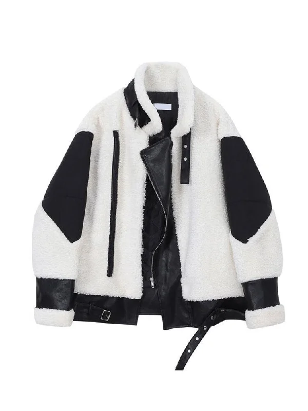 Korean Chic Patchwork Faux Leather Stand Collar Jacket Fleece Jacket Down Jacket Feather Jacket Korean Chic Patchwork Faux Leather Stand Collar Jacket Fleece Jacket Down Jacket Feather Jacket