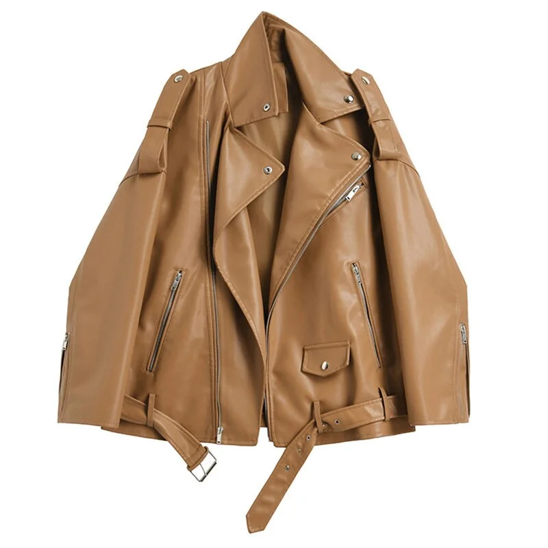 Loose Fit Pu Leather Brown Oversized Lapel Collar Jacket for Women (3 colors) Appliqued Jacket Beaded Jacket Sequined Jacket