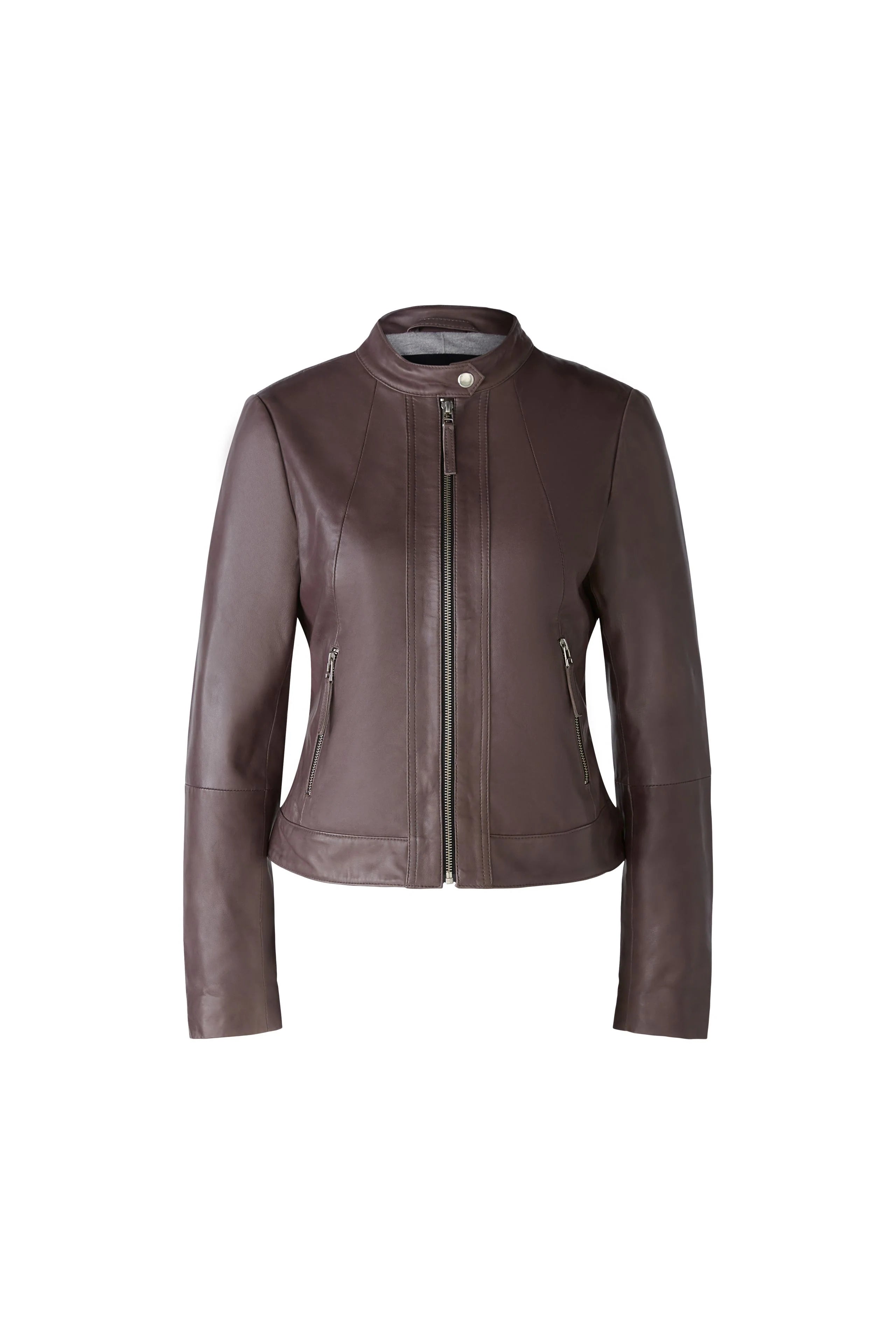 Oui Collarless Leather Biker Jacket Herringbone Jacket Houndstooth Jacket Plaid Jacket