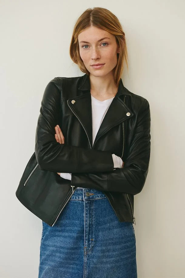 Part Two Frances Leather Jacket (Black) Denim Fabric Leather Fabric Suede Fabric