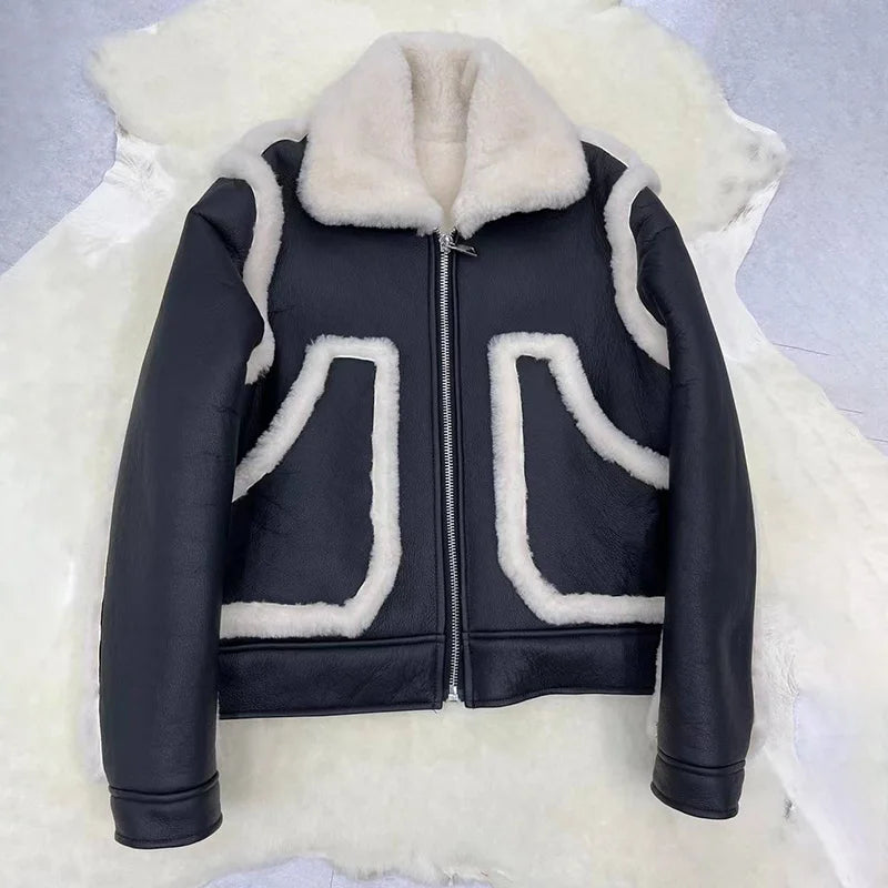 Patchwork Genuine Sheepskin Leather Short Shearling Jacket for Women (3 colors) Snapped Jacket Toggled Jacket Drawstring Jacket