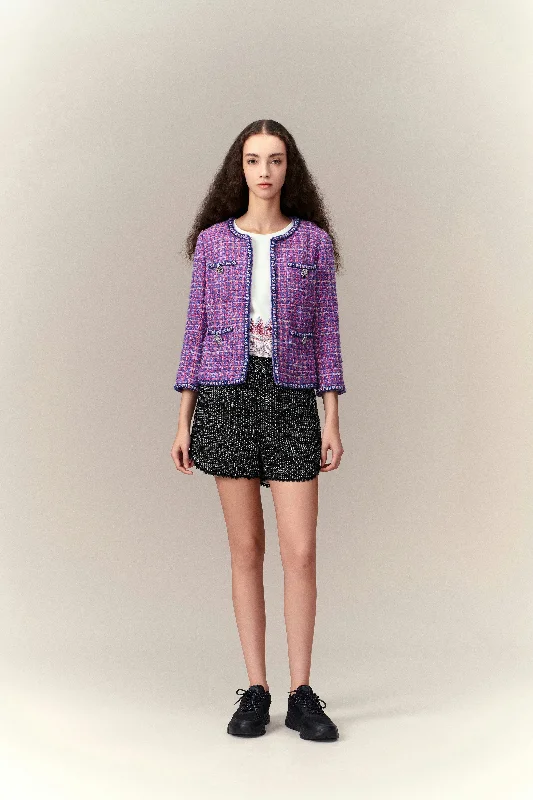 Primary Color Illusion Chunky Woven Tweed Jacket Faux Fur Jacket Real Fur Jacket Shearling Jacket