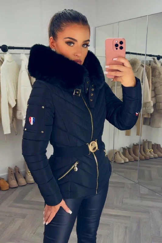 Puffer Jacket With Fur Hood And Belt Black Tailored Jacket Straight Jacket A-Line Jacket Puffer Jacket With Fur Hood And Belt Black Tailored Jacket Straight Jacket A-Line Jacket