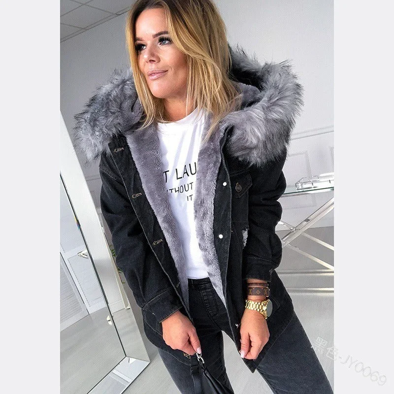 Slim Fit Fleece Lined Faux Fur Hooded Denim Jacket for Women (4 colors) Notch Collar Peter Pan Collar Cowl Neck