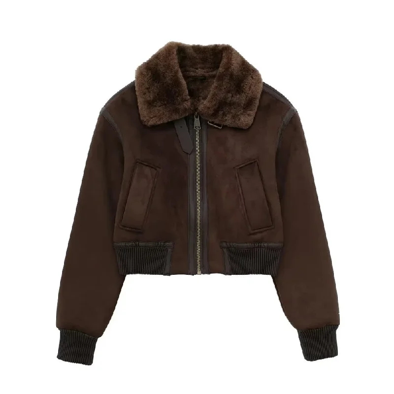 Solid Color Fleece Lined Lapel Collar Short Bomber Jacket for Women Front Pockets Side Pockets Patch Pockets