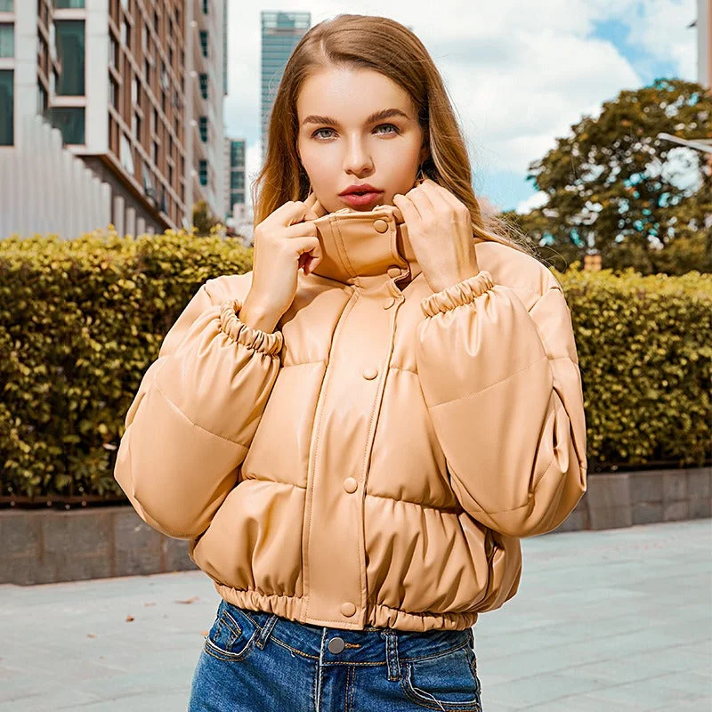 Stand Collar Solid Color PU Leather Puffer Jacket (3 colors) Cotton Fabric Linen Fabric Terry Fabric