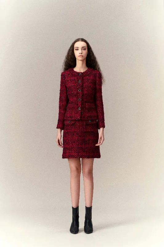 Textured Patch-pocket Tweed Jacket Zip Front Button Front Snap Front