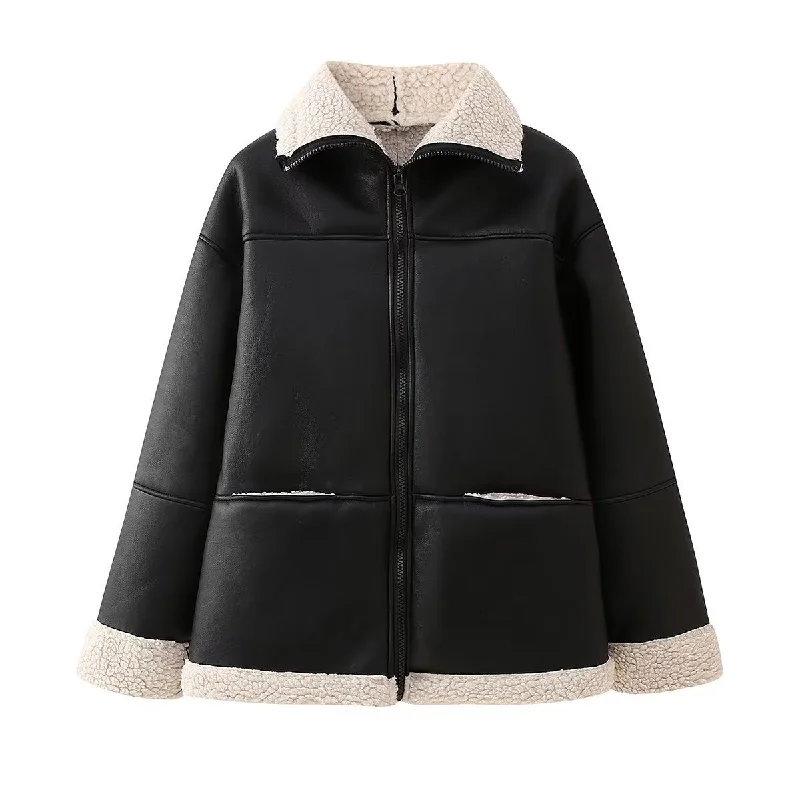 Vintage Black Faux Leather Lapel Collar Fleece Lined Jacket for Women Rayon Fabric Velvet Fabric Corduroy Fabric