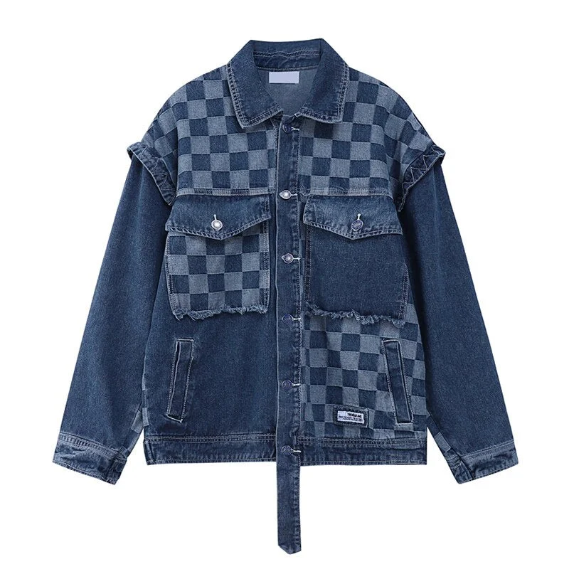Vintage Patchwork Checker Denim Jacket for Women Jacket Blazer Coat