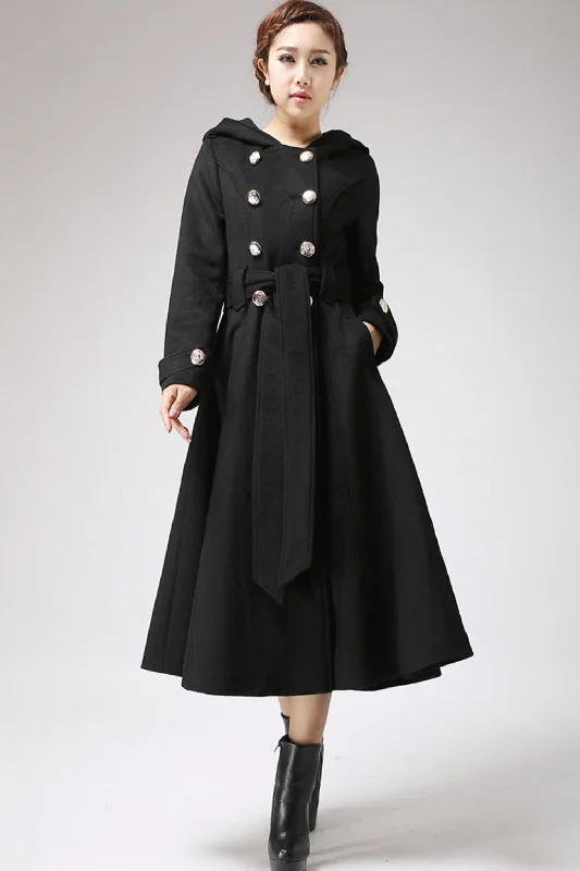 Winter long wool jacket hood in Black 0707# Zippered Front Buttoned Front Snap Front