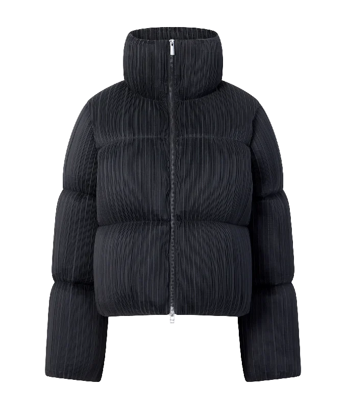 Dinara Crinkle Puffer Jacket - Black One-Shoulder Jacket Off-the-Shoulder Jacket Asymmetrical Jacket