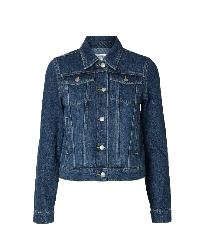 Clair Long Sleeve Mid Blue Denim Jacket - Bue Herringbone Jacket Checkered Jacket Solid Jacket