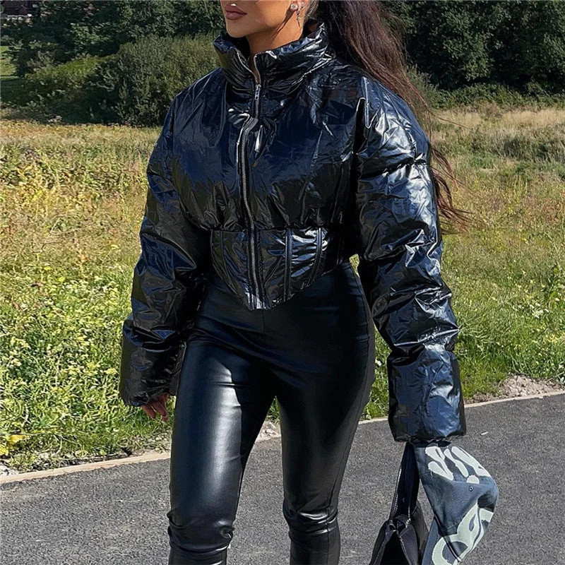 Stand Collar Irregular Short Slim Fit Puffer Jacket for Women Faux Fur Fabric Real Fur Fabric Shearling Fabric