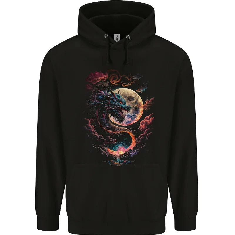 A Fantasy Dragon With a Full Moon Mens 80% Cotton Hoodie Hoodie with Gradient Ombre Colorful