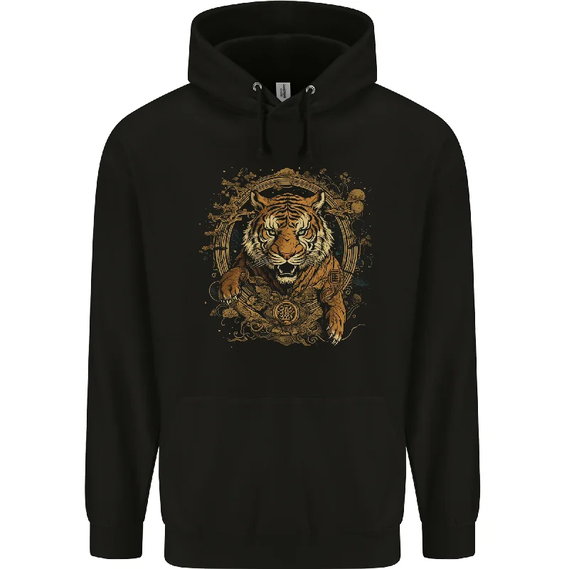 A Ferocious Tiger With a Japanese Background Mens 80% Cotton Hoodie Hoodie with Exposed Zipper Edgy Industrial