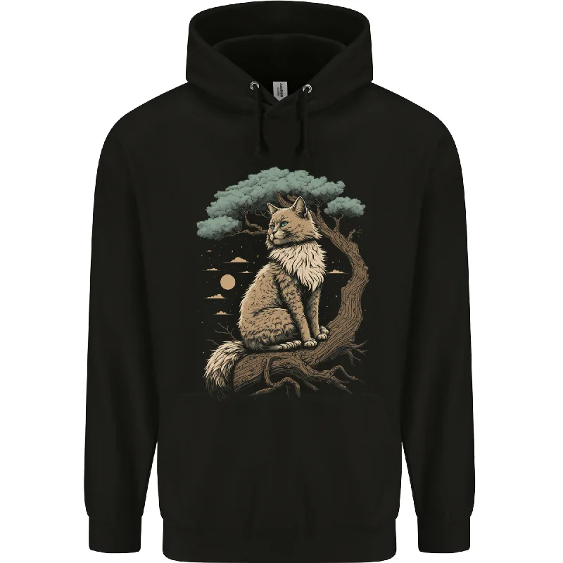 A Moon Cat Sitting on a Tree Fantasy Mens 80% Cotton Hoodie Hoodie with Drop Shoulder Relaxed Streetwear