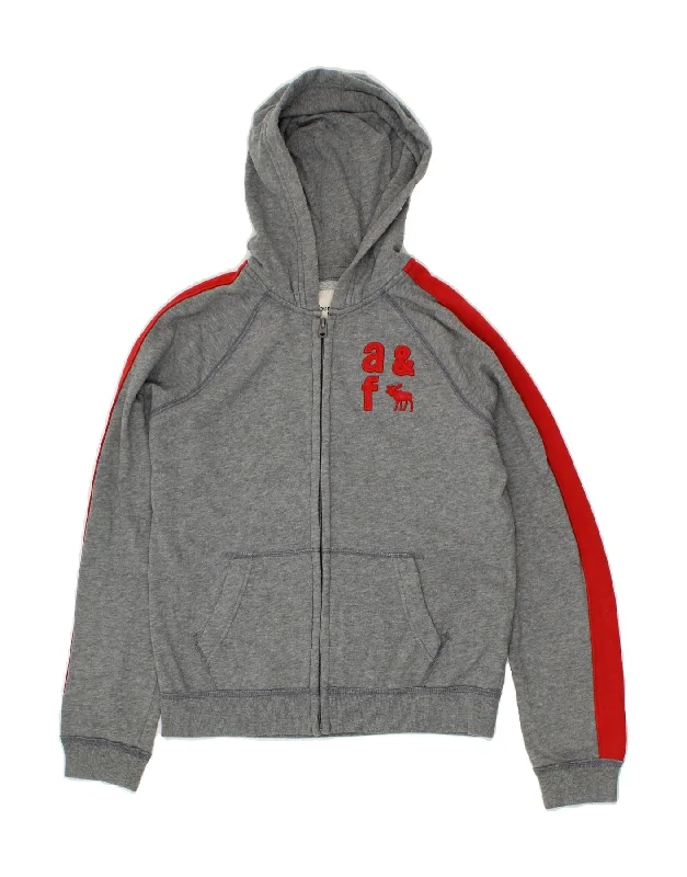 ABERCROMBIE & FITCH Boys Graphic Zip Hoodie Sweater 13-14 Years Grey Hoodie with Hem Contrast Bold Stylish