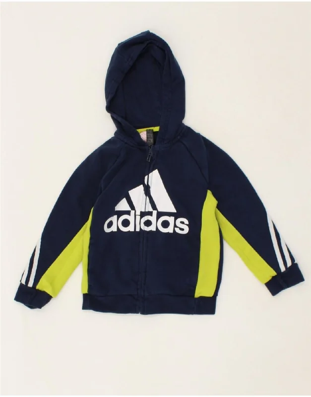 ADIDAS Boys Graphic Zip Hoodie Sweater 5-6 Years Navy Blue Colourblock Hoodie with Hem Contrast Bold Stylish