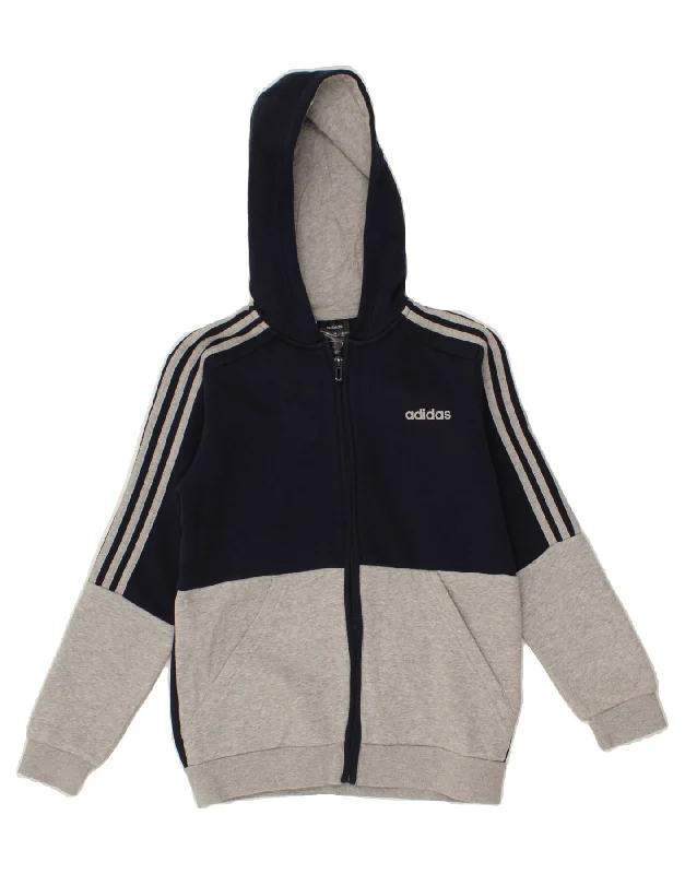 ADIDAS Boys Zip Hoodie Sweater 9-10 Years Navy Blue Colourblock Cotton Hoodie with V-Neck Classic Versatile