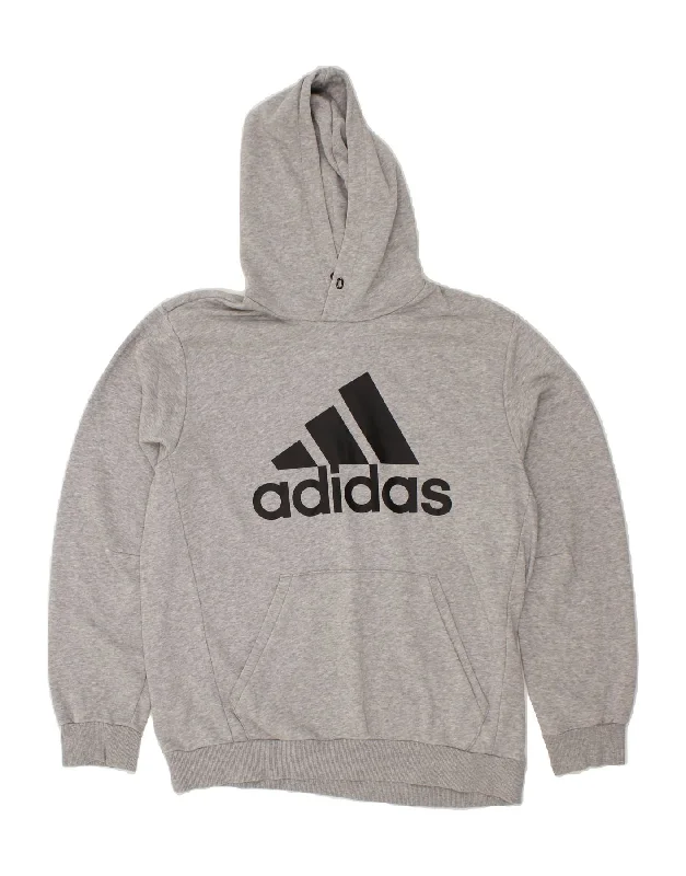 ADIDAS Mens Graphic Hoodie Jumper Large Grey Cotton Hoodie with Hem Embroidery Detailed Premium