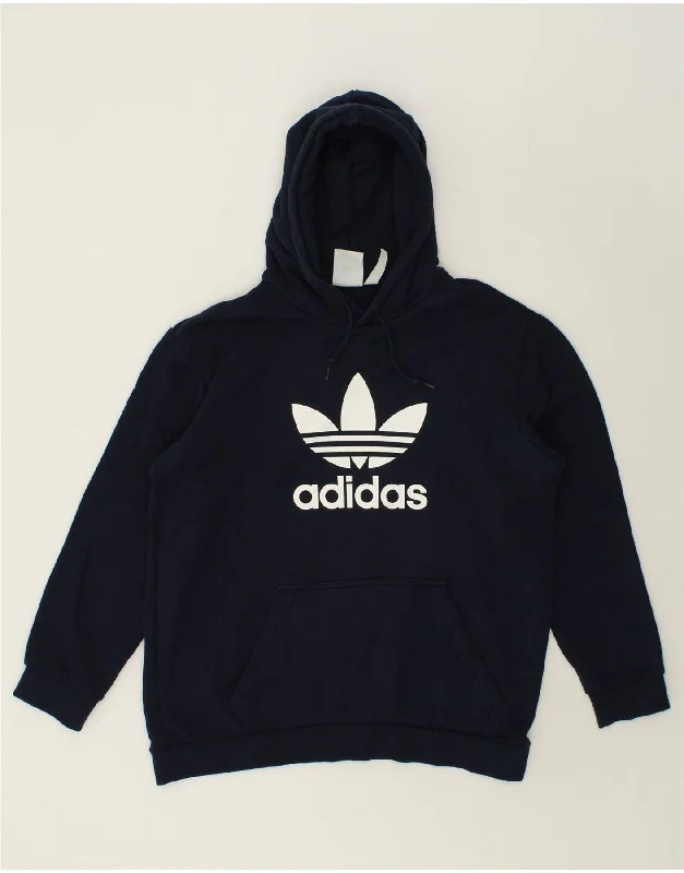 ADIDAS Mens Graphic Hoodie Jumper Large Navy Blue Cotton Hoodie with Puffed Sleeves Voluminous Trendy